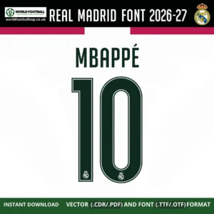 Real Madrid Font UCL 2026-27 – Mbappé 10 player name and number on white Real Madrid UCL home jersey with club crest