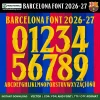Barcelona Font UCL 2026-27 – bold yellow numbers 0–9 and full alphabet on blue and red striped Barça home kit background vector CDR PDF TTF OTF