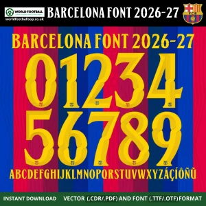 Barcelona Font UCL 2026-27 – bold yellow numbers 0–9 and full alphabet on blue and red striped Barça home kit background vector CDR PDF TTF OTF