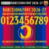 Barcelona Font UCL 2026-27 – full alphabet A–Z with accents, numbers 0–9 and Barça crest logo on vector numbers blaugrana kit
