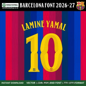 Barcelona Font UCL 2026-27 – Lamine Yamal 10 player name and number on blaugrana home jersey with Barça crest